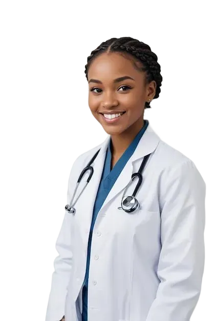 Smiling dietitian in a white coat with a stethoscope